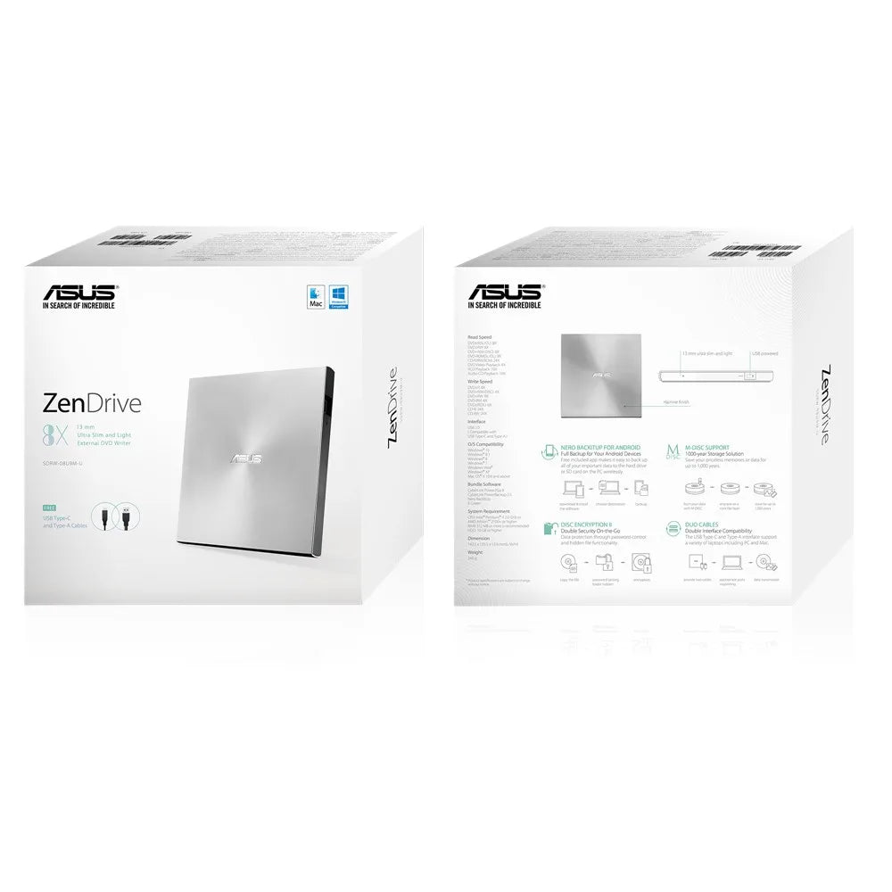 Asus SDRW-08U9M-U/SIL/G/AS/P2G Asus Unitate optica externa DVD RW slim M DISC argintie 4712900714562