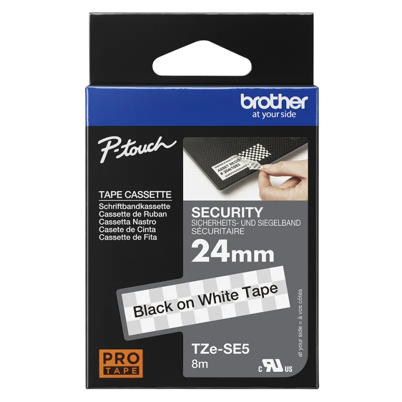 Brother TZESE5 TZE-SE5 Banda laminata de securitate, puternic adeziva, negru pe alb, 24mm/8m, 4977766766869