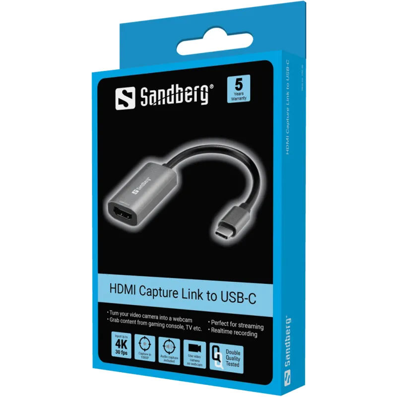 Sandberg 136-36 Placa de captura HDMI la USB-C preia pana la 4K @ 30fps si reda 720p/1080p, 5705730136368