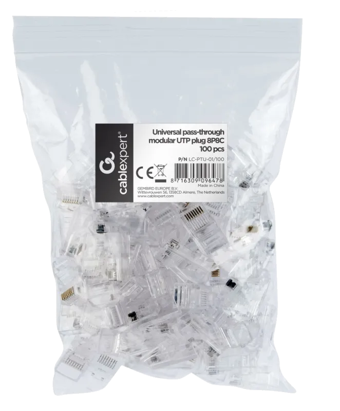 Gembird LC-PTU-01/100 Conector UTP Cat5e, RJ-45 (T) ; RJ-45 (T). pass-through, plastic, 100 buc,, 8716309096478