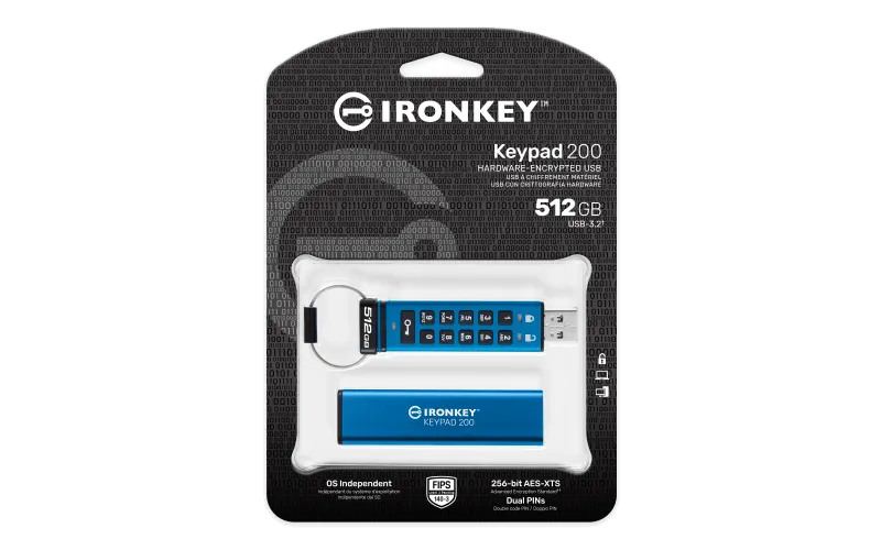 Kingston IKKP200/512GB IronKey Keypad 200, USB-A Flash Drive 512GB, AES-256 Encrypted, 740617345476