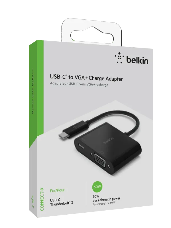 Belkin AVC001BTBK USB-C to VGA + Charge Adapter (60W PD) Black, 745883799046