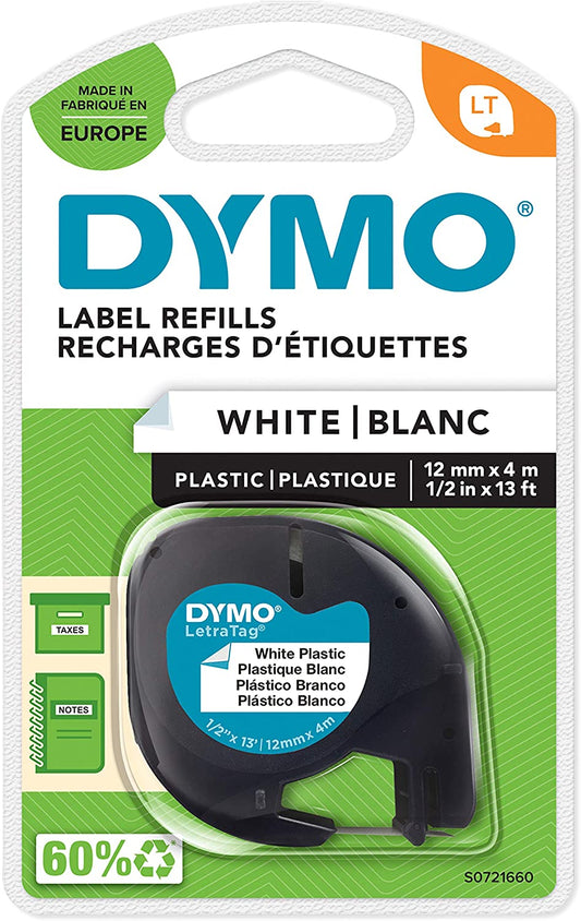 DYMO S0721660 Label Printer Tape, Plastic, LetraTag Series, 12 mm/4m, Black on White, 5411313912211