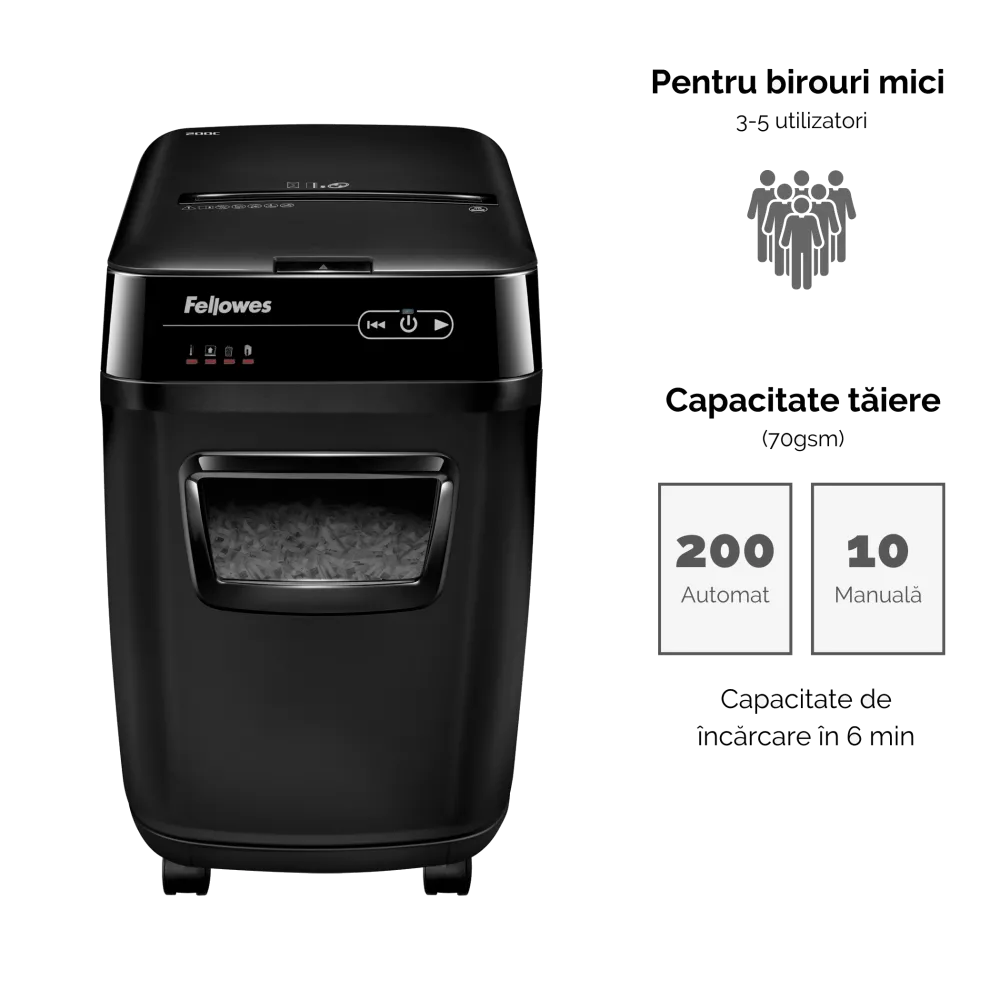Fellowes 4653602-99 Automax 200c Cross-Cut, distrugator documente cu ADF, maxim 200 coli, 43859676125 10043859676122 50043859676120