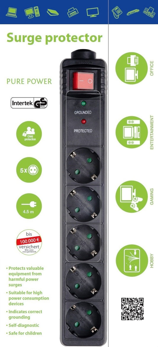 Gembird SPG5-C-15 Cablu prelungitor cu 5 prize + intrerupator + protectie tensiune, 4.5m, 16A, 8716309065511