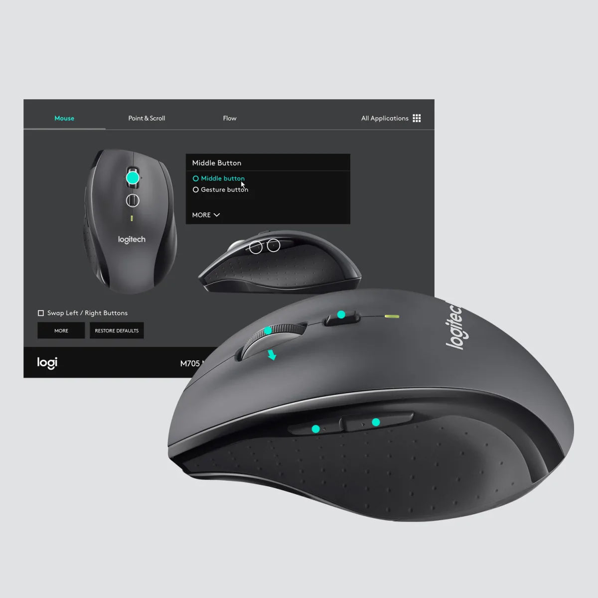 Logitech 910-006034 Logitech M705 Marathon Wireless Mouse, Laser 1000dpi, USB, Black 5099206093065