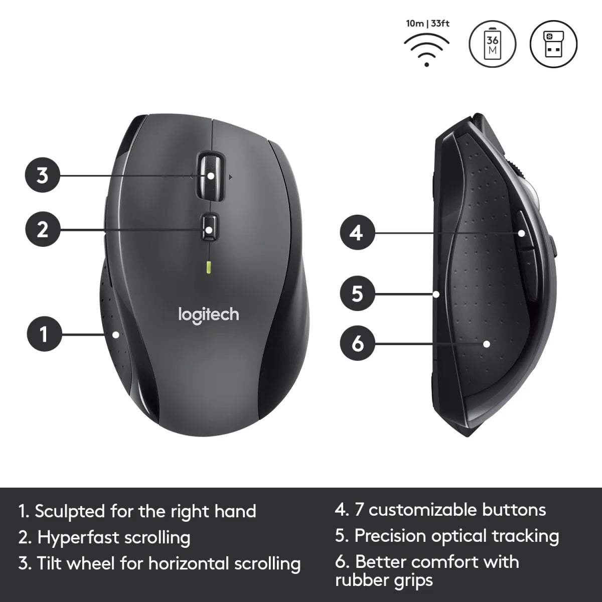 Logitech 910-006034 Logitech M705 Marathon Wireless Mouse, Laser 1000dpi, USB, Black 5099206093065