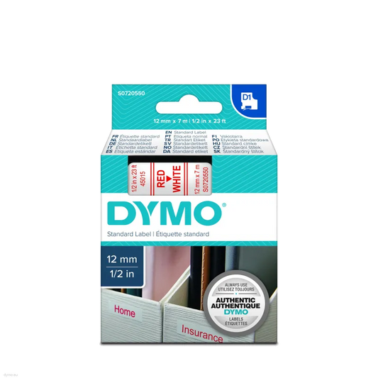 DYMO S0720550 D1-TAPE 12MM X 7M/RED ON WHITE