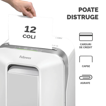 Fellowes 5050101 Powershred LX201 alb, distrugator de documente in microparticule 12 coli, P-5, 50043859751520