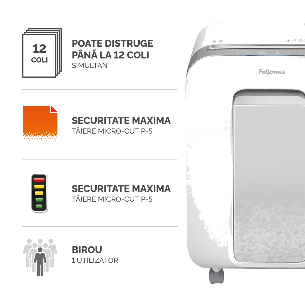 Fellowes 5050101 Powershred LX201 alb, distrugator de documente in microparticule 12 coli, P-5, 50043859751520