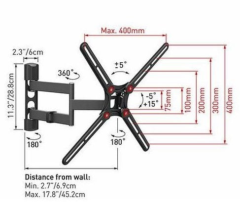 Barkan BM343 Suport perete Full Motion TV Wall Mount 13"-65", maxim 400x400mm, max 40Kg, 7290016783681