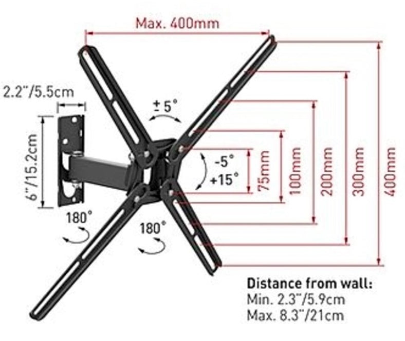 Barkan BM331 Suport perete Full Motion TV Wall Mount 13"-65", maxim 400x400mm, max 40Kg, 7290016783810 7290016783865