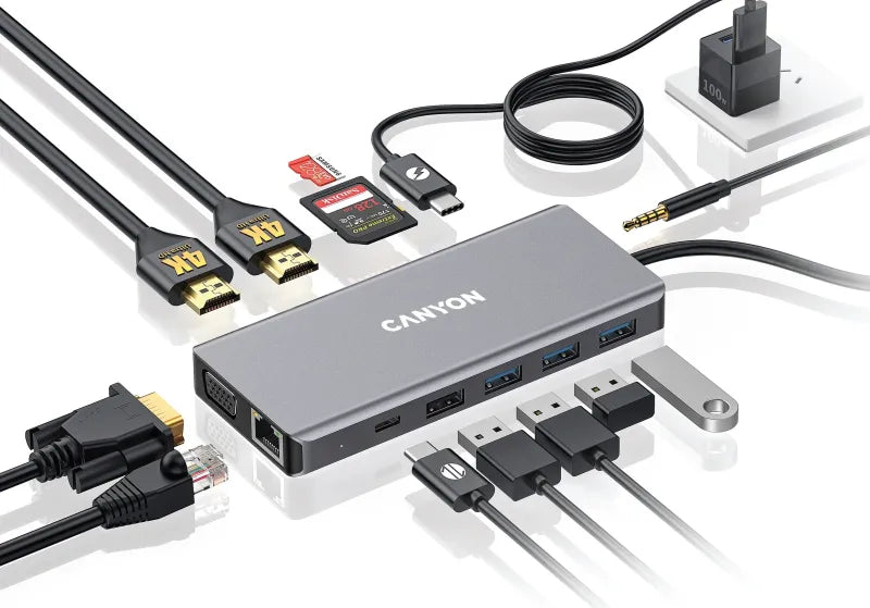 Canyon CNS-TDS12 USB-C Hub 13 Ports, USB-C, RJ45, 2xHDMI, VGA, 3xUSB 3.0, 1xUSB 2.0, Audio, 5291485008666