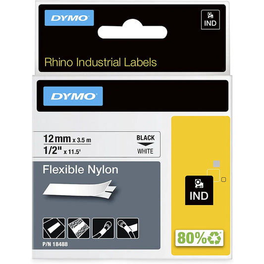 Dymo 18488 Dymo Banda nylon flexibila RHINO 18488 12mm 3.5m negru pe alb 0071701184887