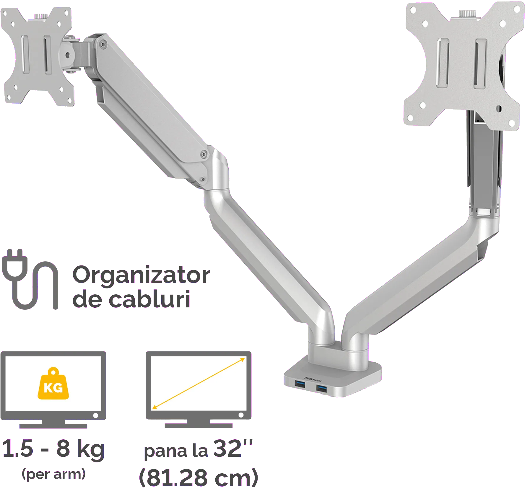 Fellowes 8056501 Platinum Series Dual Monitor Arm Silver brat dublu pentru monitor, 043859764228