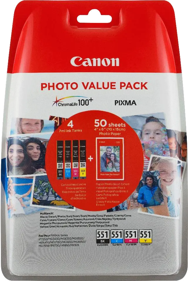 Canon 6508B005 Value Pack CLI-551 Blister 4x6 Phot Paper PP-201 50sheets + CMY+PBK, 8714574631004