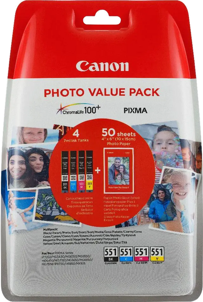 Canon 6508B005 Value Pack CLI-551 Blister 4x6 Phot Paper PP-201 50sheets + CMY+PBK, 8714574631004