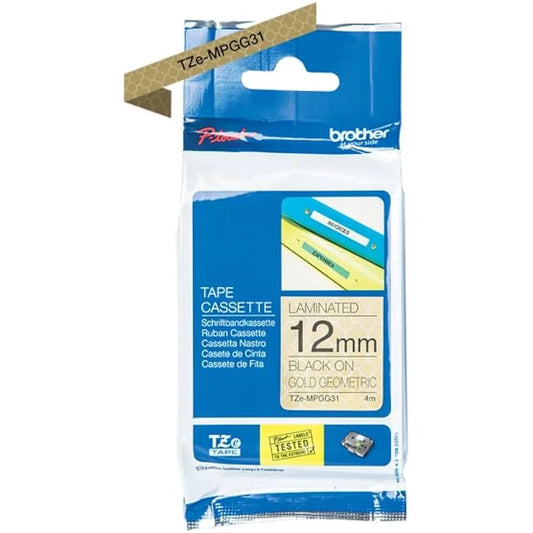 Brother TZEMPGG31 Brother Banda laminata TZe-MPGG31 12mm 4m negru pe auriu geometric 4977766770194