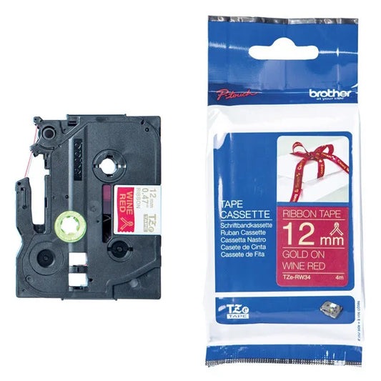 Brother TZERW34 Brother Banda textila TZe-RW34 12mm 4m auriu pe rosu bordeaux 4977766770378