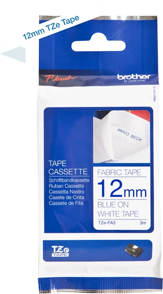 Brother TZEFA3 TZE-FA3 Casetă cu bandă textilă, albastru pe alb, lățime de 12 mm, 4977766691710