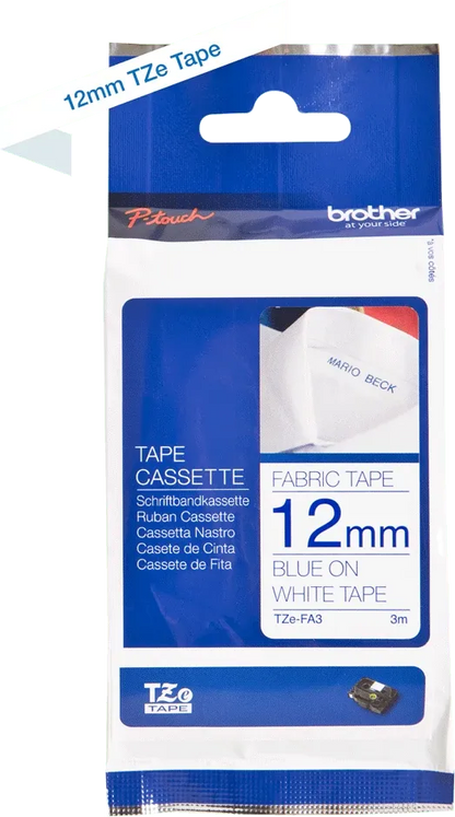 Brother TZEFA3 TZE-FA3 Casetă cu bandă textilă, albastru pe alb, lățime de 12 mm, 4977766691710