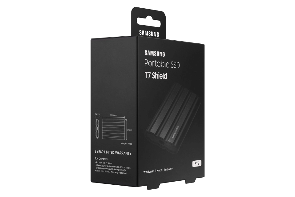 Samsung MU-PE2T0S/EU T7 Shield SSD extern 2TB, USB-C 3.2 Gen 2, Black, 8806092968431