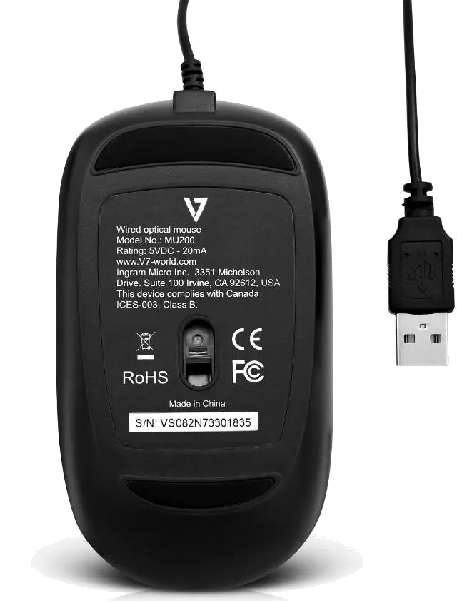 V7 MU200-1E Mouse optic cu fir, Low-Profile, 4 butoane, 1000-1600dpi, USB, negru, 662919097696
