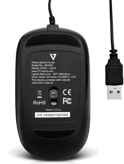 V7 MU200-1E Mouse optic cu fir, Low-Profile, 4 butoane, 1000-1600dpi, USB, negru, 662919097696