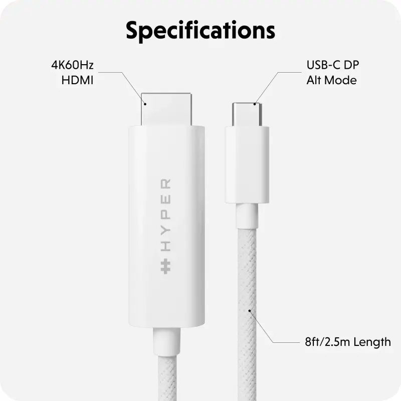 Targus HD6007WHGL HyperDrive USB-C to HDMI 4K60Hz Cable, White, 6941921149758