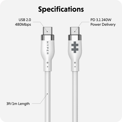 Targus HJ4001WHGL HyperJuice 240W Silicone USB-C to USB-C Cable (3ft/1m), White, 6941921149529