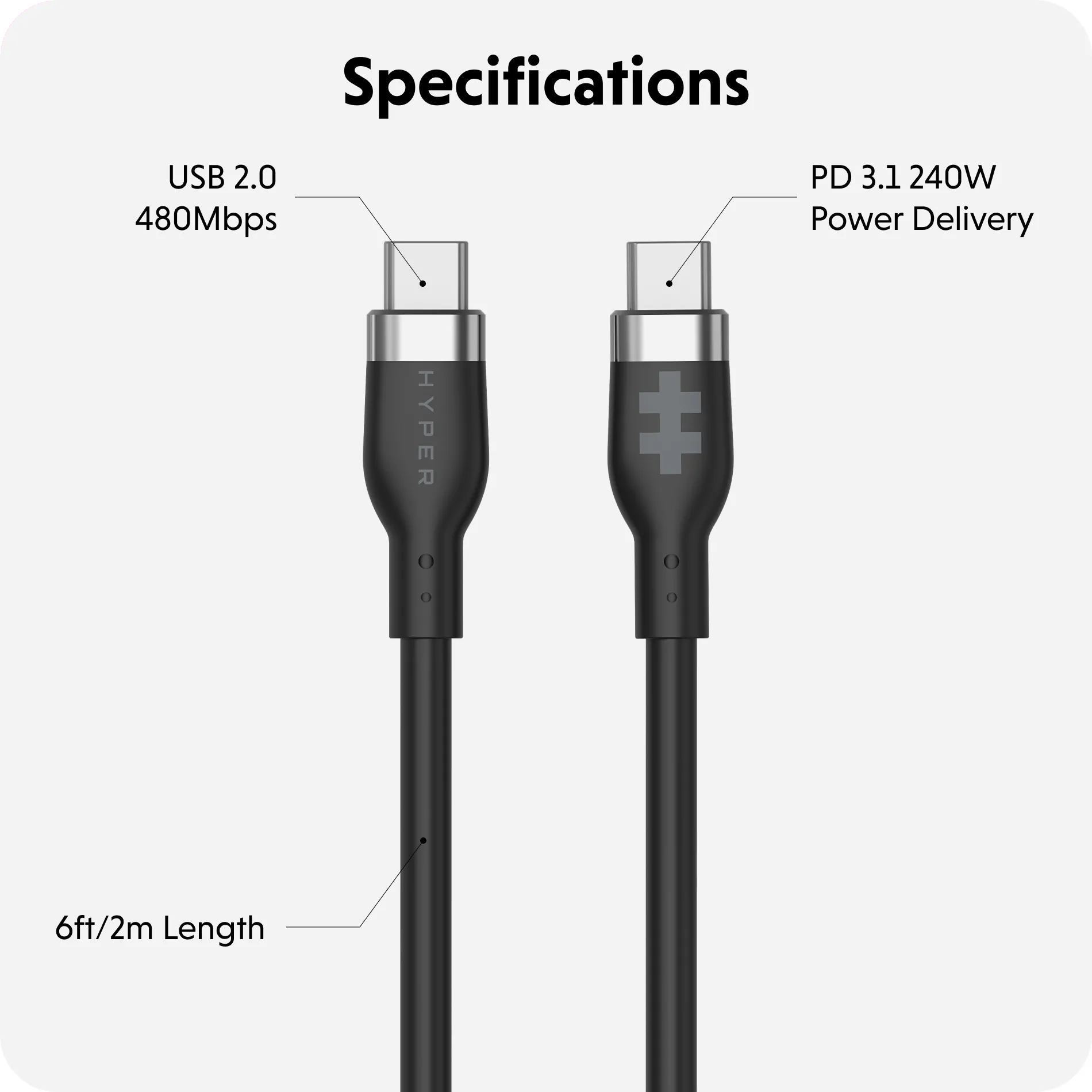 Targus HJ4002BKGL HyperJuice 240W Silicone USB-C to USB-C Cable (6ft/2m), Black, 6941921149536