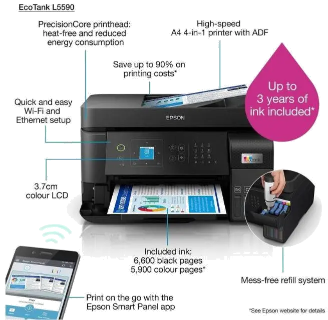 Epson C11CK57403 Multifunctional inkjet color CISS L5590 A4 3-in-1 ADF(30 coli) USB Ethernet WIFI, 8715946706726