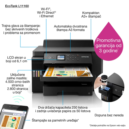 Epson C11CJ04402 Imprimanta inkjet color CISS L11160, A3+ viteza max 32ppm alimentare 550 coli, 8715946682297