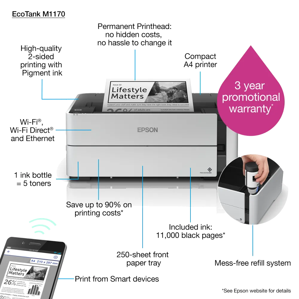 Epson C11CH44402 Imprimanta inkjet mono CISS M1170 A4 duplex alimentare 250coli USB Ethernet WiFi, 8715946663562