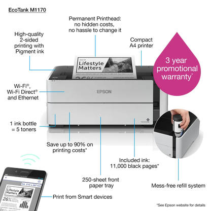 Epson C11CH44402 Imprimanta inkjet mono CISS M1170 A4 duplex alimentare 250coli USB Ethernet WiFi, 8715946663562