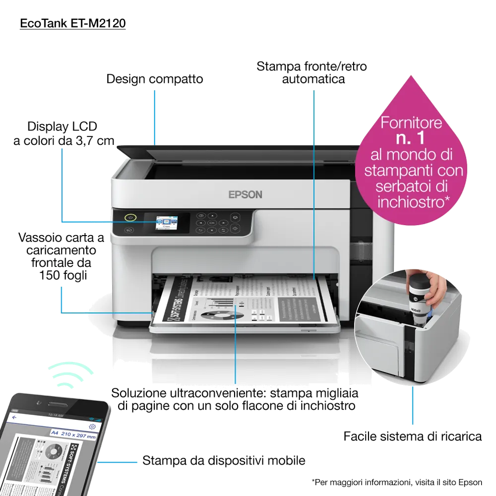 Epson C11CJ18402 Multifunctional inkjet mono CISS M2120 A4 3-in-1 A4 alim150 coli USB 2.0 WiFi, 8715946671048