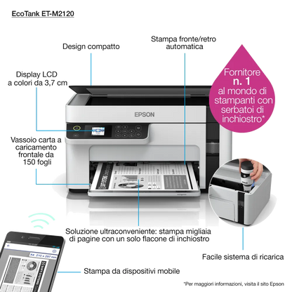 Epson C11CJ18402 Multifunctional inkjet mono CISS M2120 A4 3-in-1 A4 alim150 coli USB 2.0 WiFi, 8715946671048