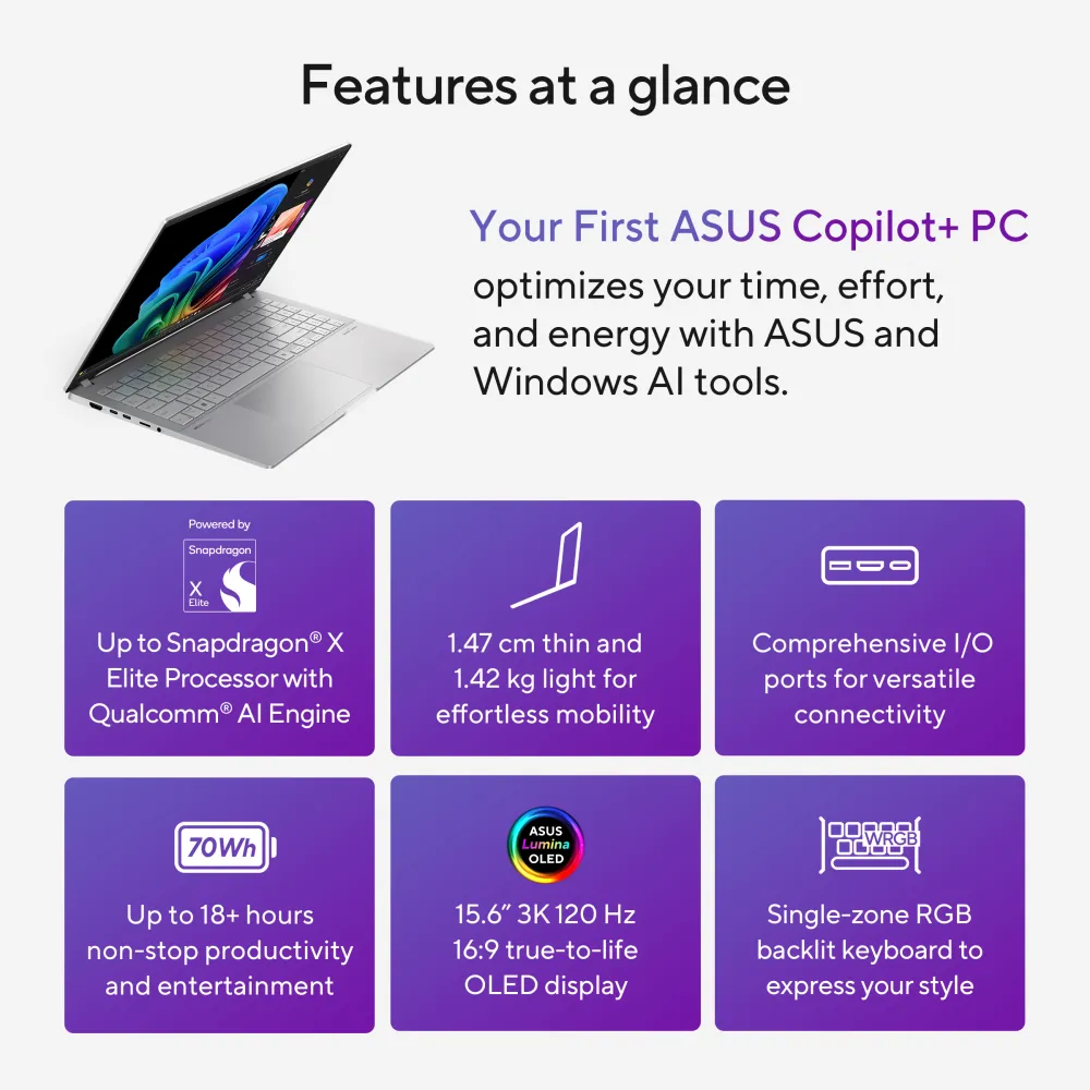 Asus 90NB14Q2-M008Y0 Vivobook S15 OLED Copilot+ laptop 15.6inch Snapdragon® X Elite X1E 32GB 1TB W11P