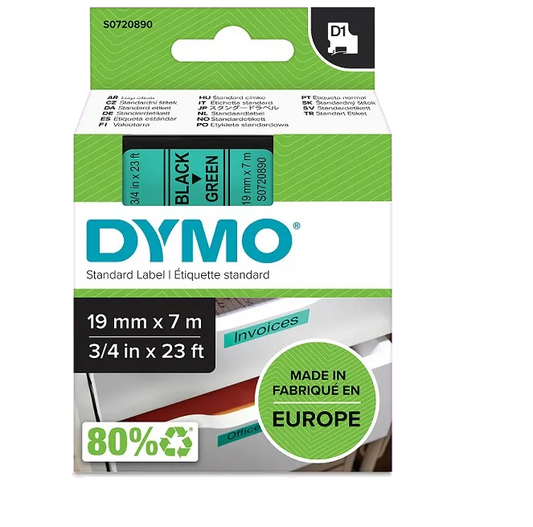 DYMO S0720890 45809 Banda laminata D1 19mmx7m negru pe verde, 5411313452199