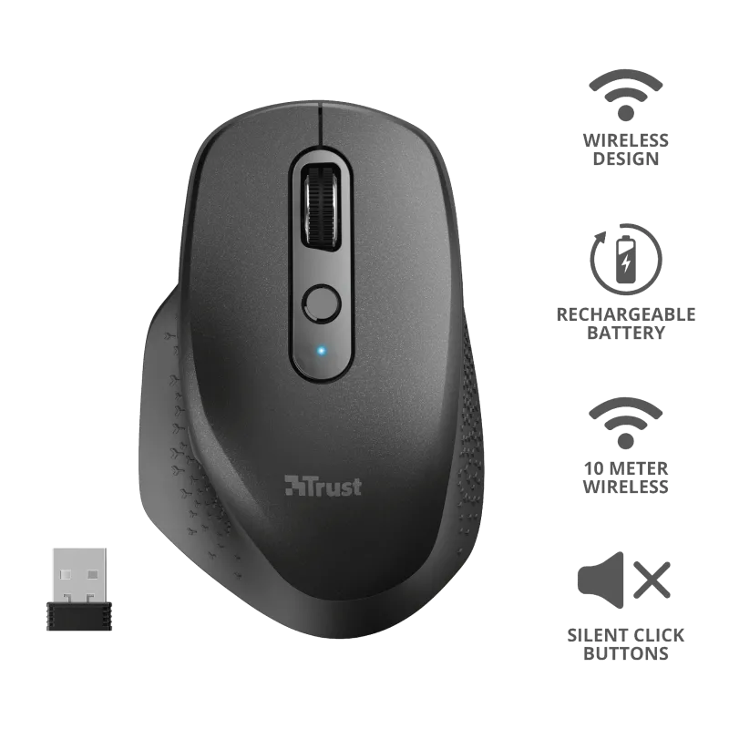 Trust 23812 Ozaa Rechargeable Wireless Mouse black 2.4Ghz silent max 2400 DPI, 8713439238129