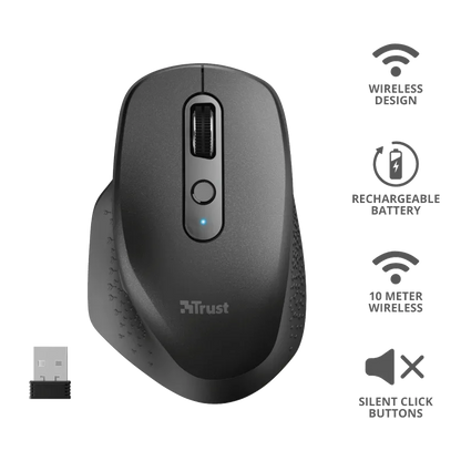 Trust 23812 Ozaa Rechargeable Wireless Mouse black 2.4Ghz silent max 2400 DPI, 8713439238129