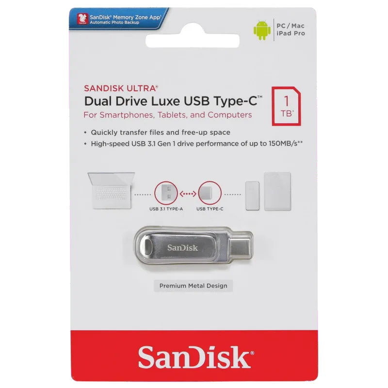 SanDisk SDDDC4-1T00-G46 Ultra Dual Drive Luxe Stick USB 1TB USB-C 3.1 Gen1 150MB/s, 619659179106