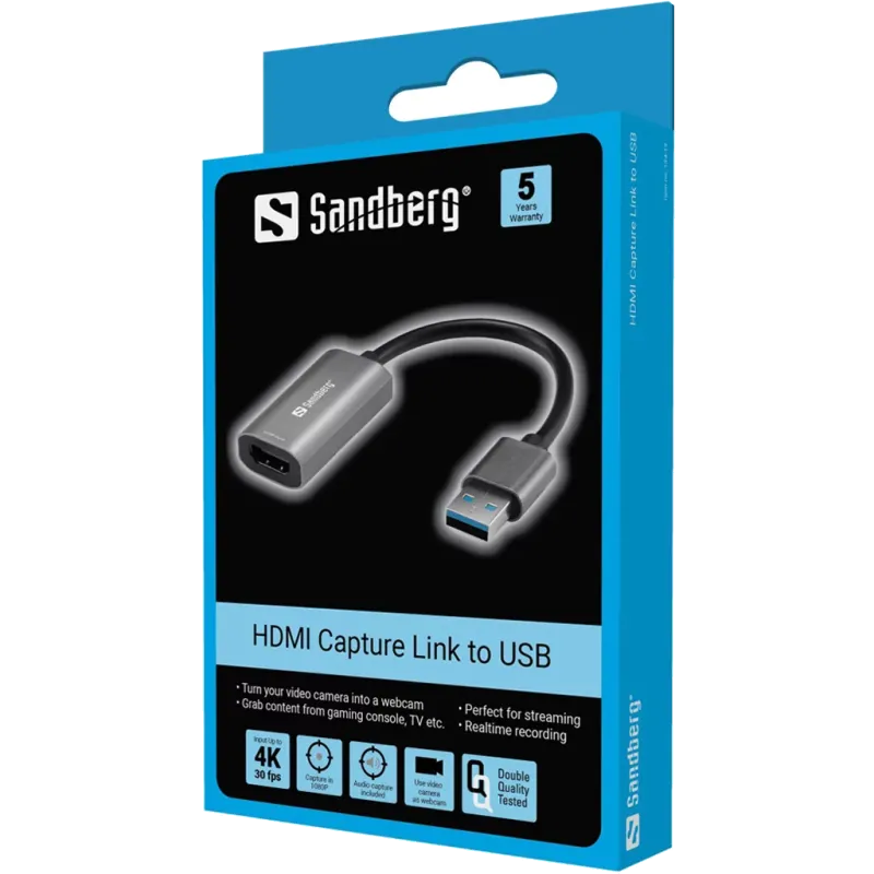 Sandberg 134-19 Adaptor captura audio/ video HDMI la USB-A rezolutii 720p 1080p sau 4K la 30 fps, 5705730134197