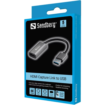 Sandberg 134-19 Adaptor captura audio/ video HDMI la USB-A rezolutii 720p 1080p sau 4K la 30 fps, 5705730134197