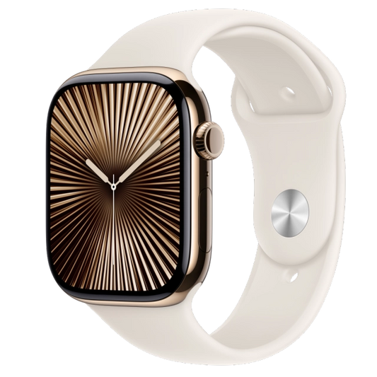 Apple MWYY3QC/A Watch S10 Cellular 46mm Gold Titanium Case with Starlight Sport Band M/L, 195949563447