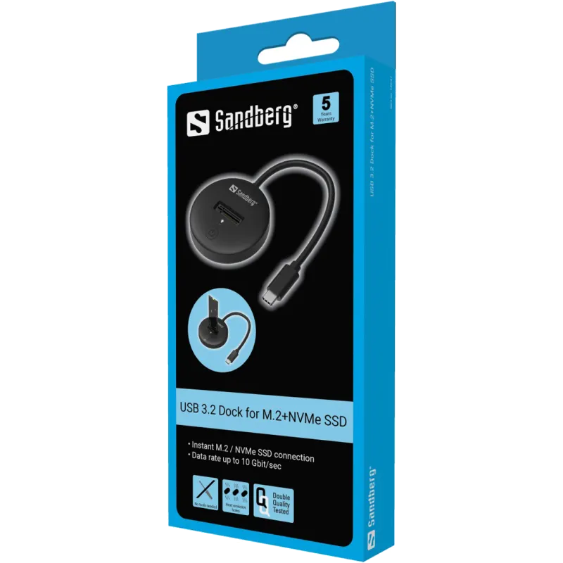Sandberg 136-47 USB Dock for NVMe SSD M.2, M Key, 2230 / 2242 / 2260 / 2280, USB3.2 Type C, 5705730136474