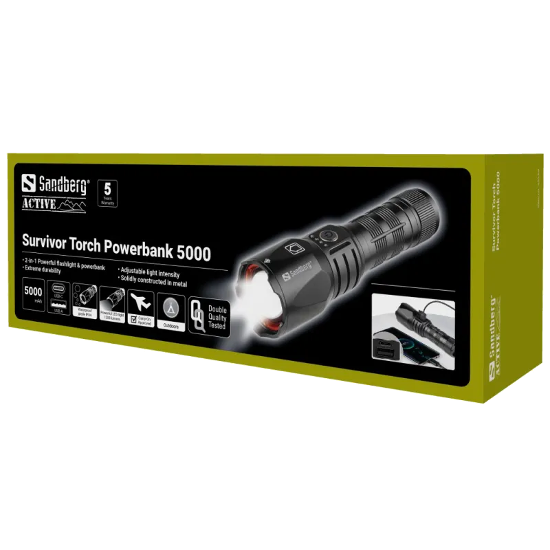 Sandberg 420-89 Survivor Torch Powerbank 5000mAh lanterna si baterie externa IPX4, 5705730420894