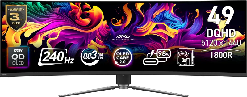 MSI MPG 491CQPX QD-OLED MPG 491CQPX QD-OLED 49inch Monitor Curved DQHD 240Hz 0.03ms 2xHDMI DP, 4711377237932