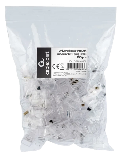 Gembird LC-PTU-01/100 Conector UTP Cat5e, RJ-45 (T) ; RJ-45 (T). pass-through, plastic, 100 buc,, 8716309096478