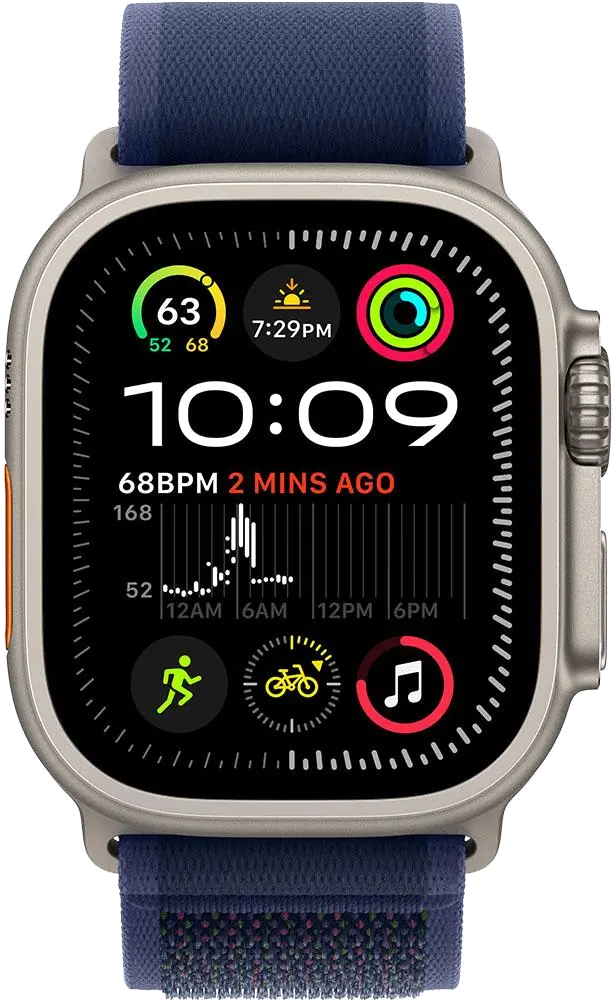Apple MX4J3WB/A Watch Ultra2 v2 Cellular 49mm Natural Titanium Case with Blue Trail Loop S/M, 195949582301